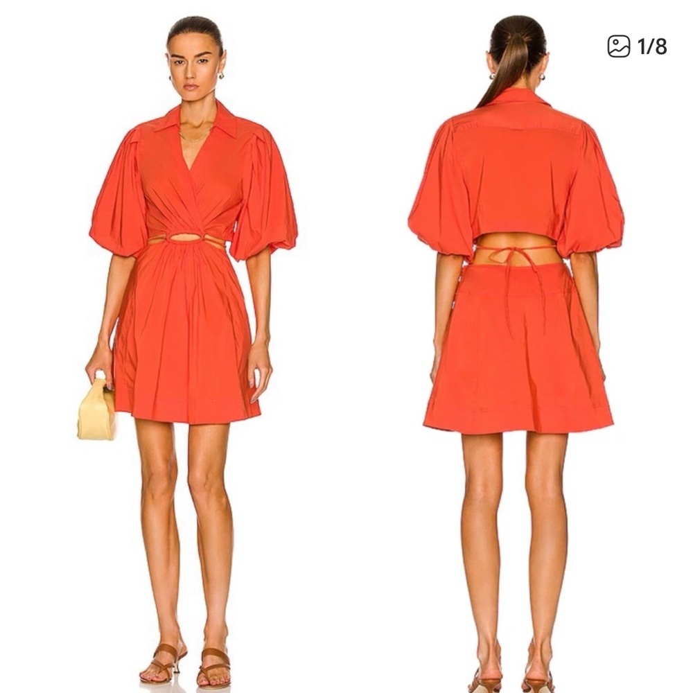 Jonathan Simkhai Aulora Cut Out MiniOrange Puff-Sleeve Mini Dress